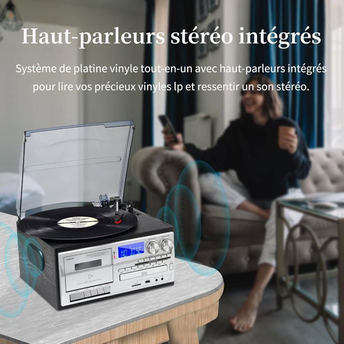 9-en-1 Platine Vinyle Bluetooth, 3 Vitesses, Haut-Parleurs Intégrés, CD/Cassette/Radio USB/SD/Micro Aux/RCA, Noir