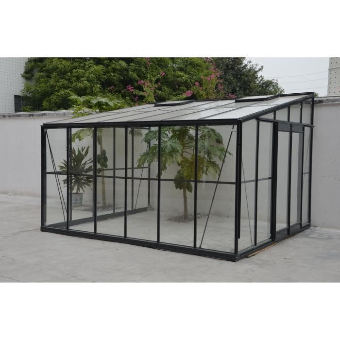 Invernadero/jardín de invierno gris de 12 m² con base adosada.