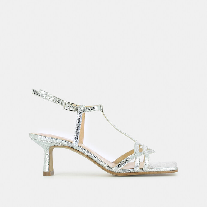 Sandales à talon et bride  en cuir craquelé argent