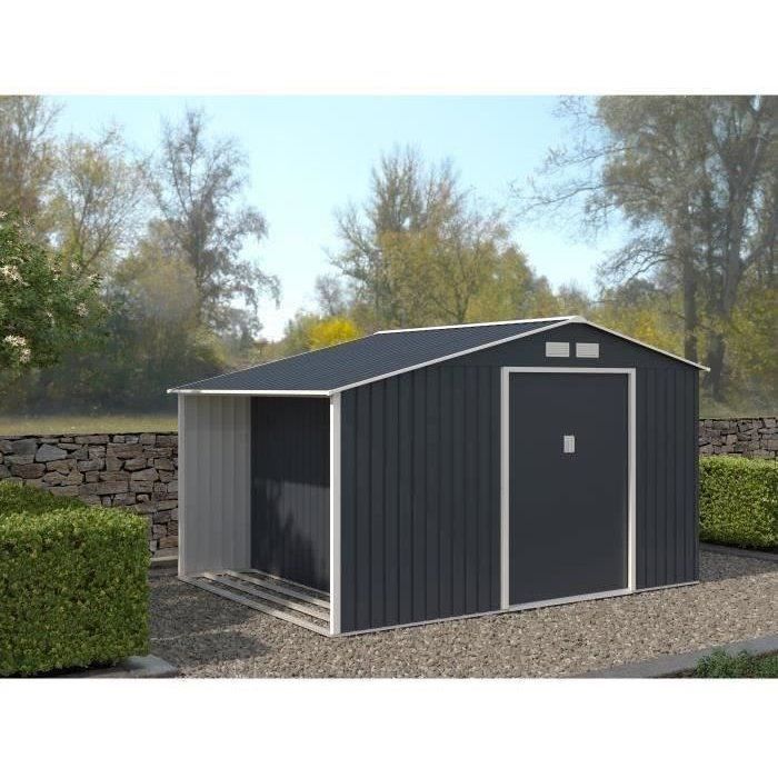 Casetta da giardino in metallo con legnaia, 8,72 m² - 342 x 255 x 202 - NOVA - Kit di ancoraggio incluso, 2 porte scorrevoli - Grigio