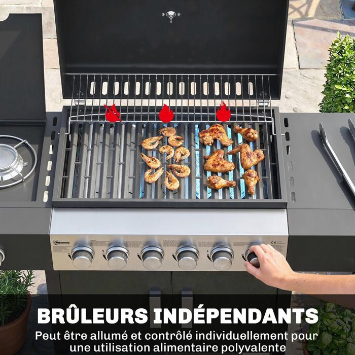 Barbecue a gas - Outsunny - 6+1 bruciatori, termometro integrato - carrello portatile con ruote - metallo - nero