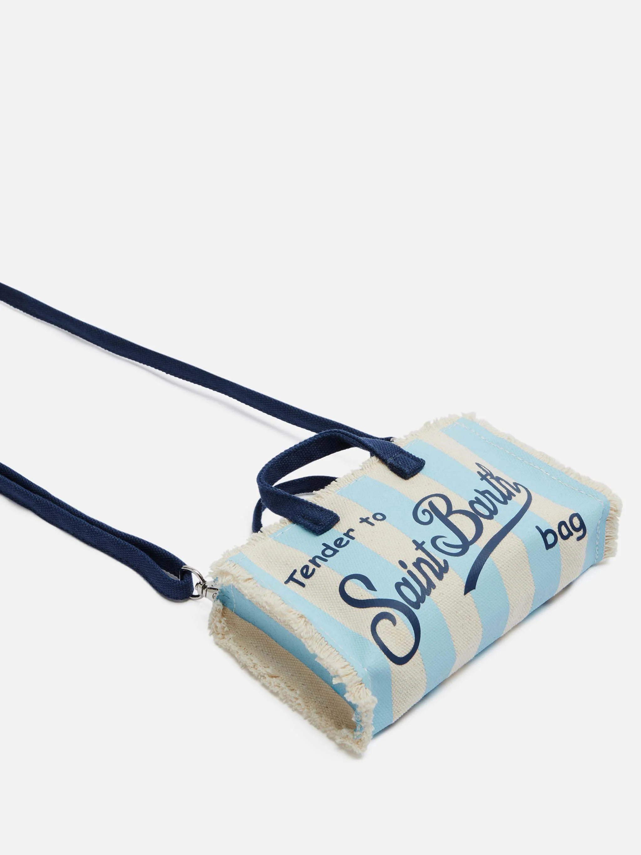 Handytasche aus Baumwoll-Canvas mit blau-weiß gestreiftem Muster