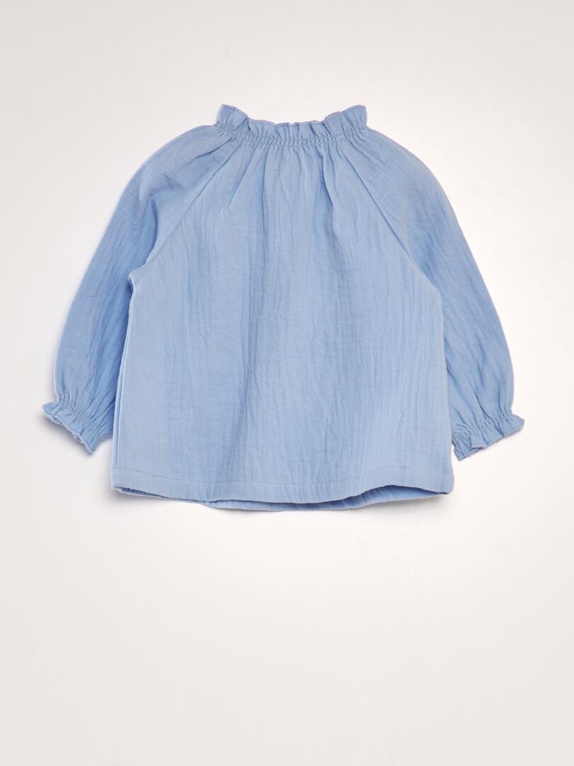Blouse met lange mouwen en rucheskraag - BLAUW