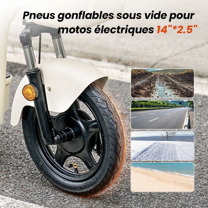 Patinete elétrico SP-Y - Motor de 1200 W - Bateria de 48 V 20 Ah - Autonomia de 100 km - Pneus de 14 polegadas - Com assento - Amarelo claro