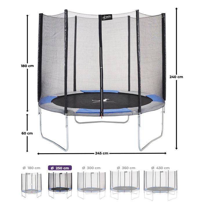Trampoline KANGUI - RALLI Ø 244‑250 cm – Enfant – Échelle, Bâche & Kit Ancrage – Certification CE & NF EN 71–14