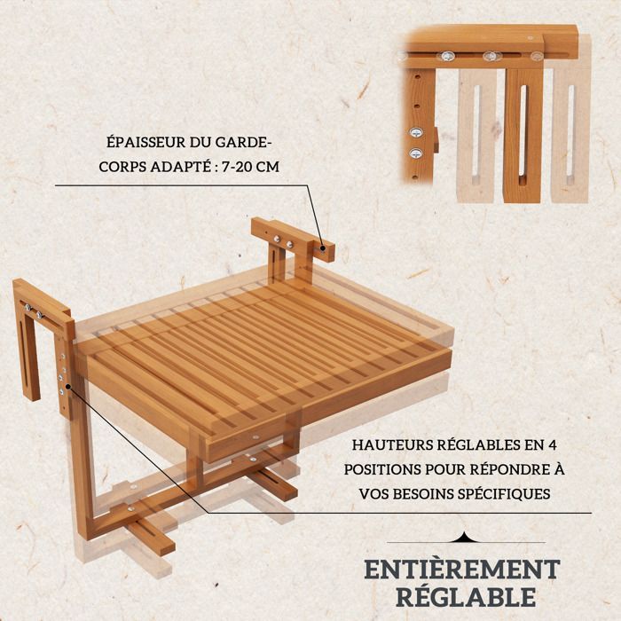 Outsunny - Mesa colgante para balcón - Madera de abeto - 68x65x55cm - Madera de teca