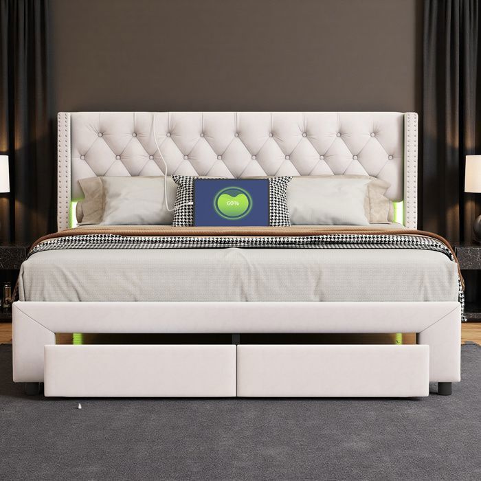 Cama de casal 140x190 cm - COZY - LED - tecido aveludado - estrado de ripas - gaveta - estrutura da cama 140x190 cm - bege