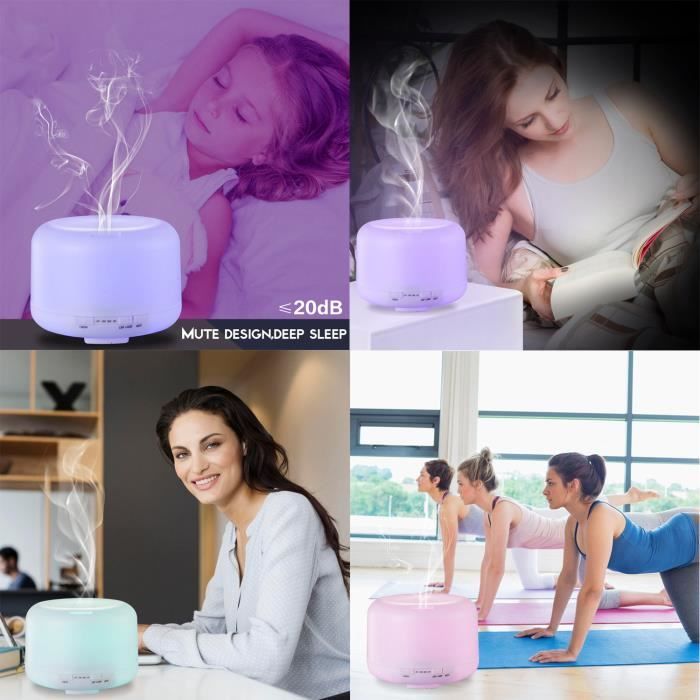 Difusor de aceites esenciales - Humidificador ultrasónico silencioso - 7 LED - Apagado automático - Hogar, oficina - 500 ml