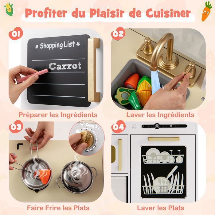 Cocina infantil COSTWAY para mayores de 3 años, 10 piezas con accesorios, efectos de luz y sonido, lavavajillas, microondas, pizarra...