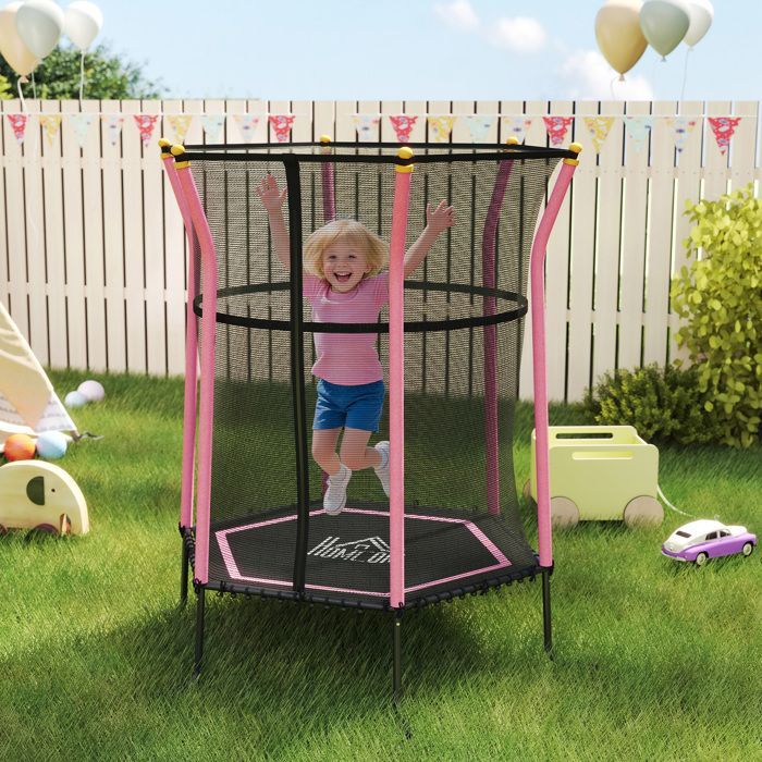 Cama elástica infantil - HOMCOM - Ø 1,63 x 1,9 m, rede de segurança, porta com zíper, 6 postes - aço - rosa/preto