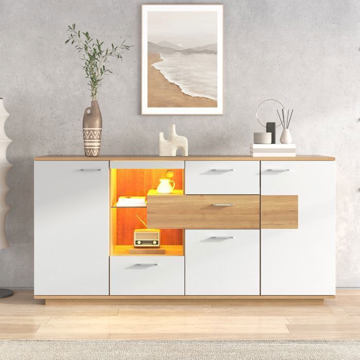 Modernes LED-Buffet 160 x 40 x 77 cm mit 16-farbiger RGB-Beleuchtung, 2 Türen und 4 Schubladen, verstellbare Einlegeböden – Weiß, Holzoptik