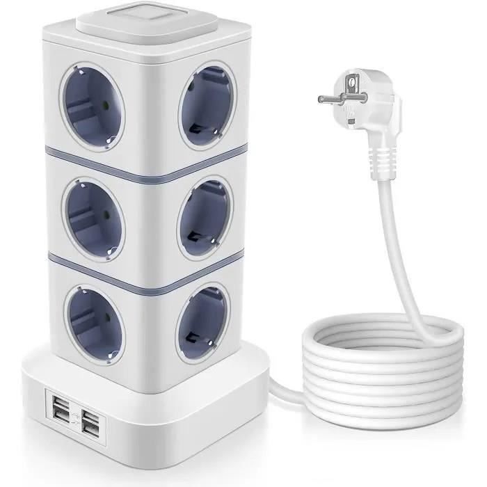 Multipresa a torre da 2500 W, con protezione da sovratensione, 12 prese e 4 porte USB, e 3 interruttori individuali.