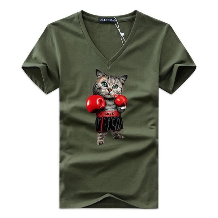 Camiseta INSFITY para hombre - Corte recto - Manga corta - Cuello en V - Estampado de gato boxeador - Verde