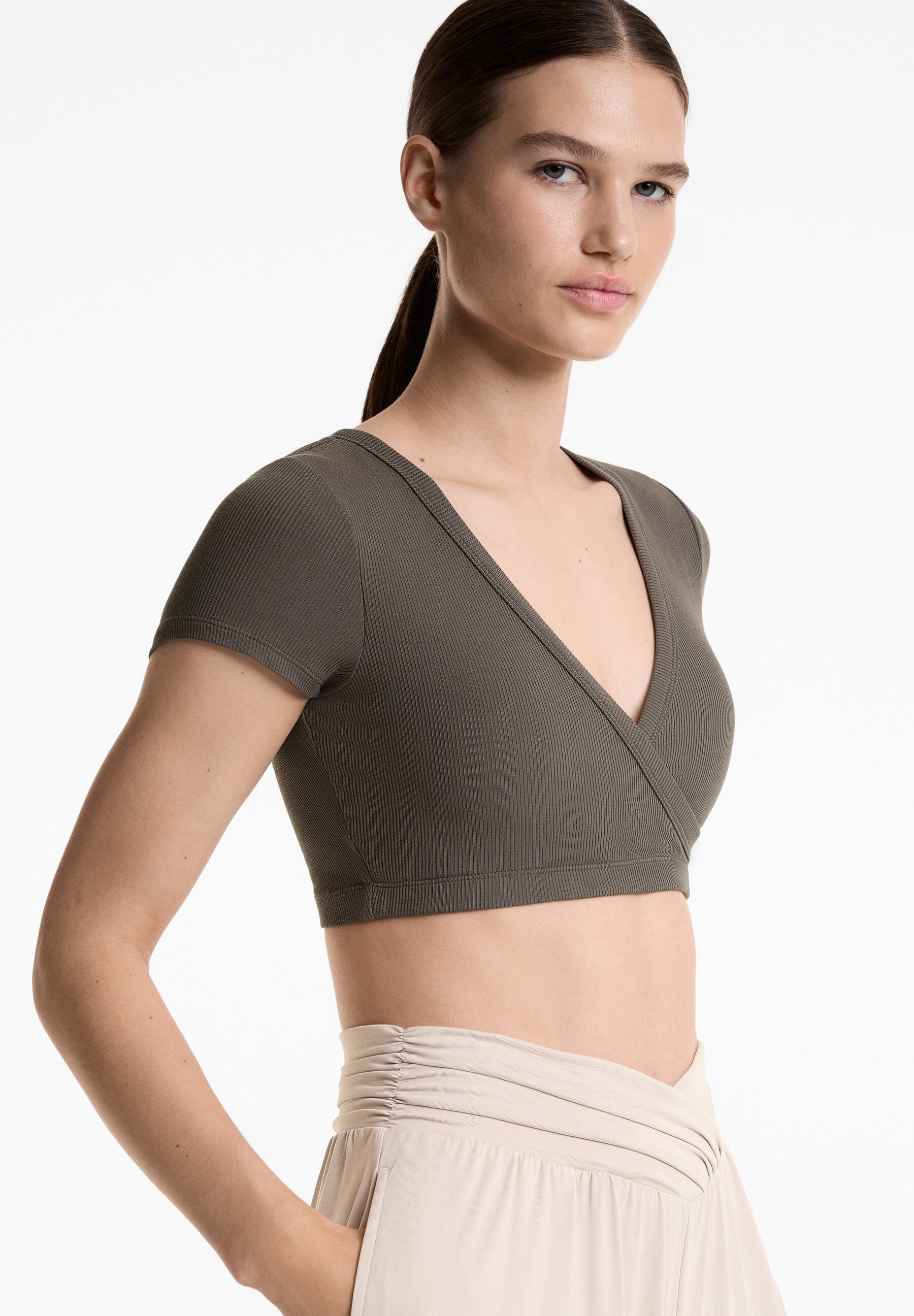 OYSHO RIB SOFT TOUCH CROSSOVER - T-skjorte - grey