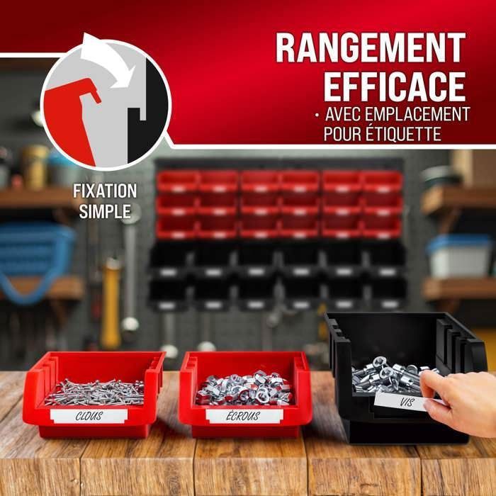 Estantería de herramientas de pared DEUBA® con 30 cajas de almacenamiento apilables y 2 paneles de pared extensibles para almacenamiento en el taller.