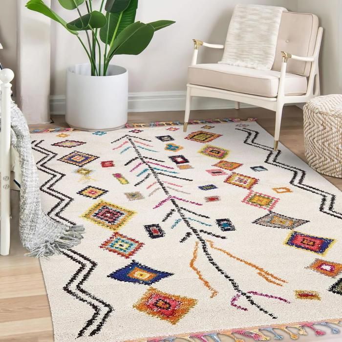 Alfombra bereber de 160x230 cm, tejida con estampado étnico LYN5 OURIKA E, color marfil.