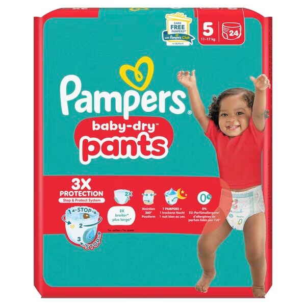 Pampers Baby-Dry Pants velikost 5 plenice za dojenčke, velikost 5 (11–17 kg), 24 kosov
