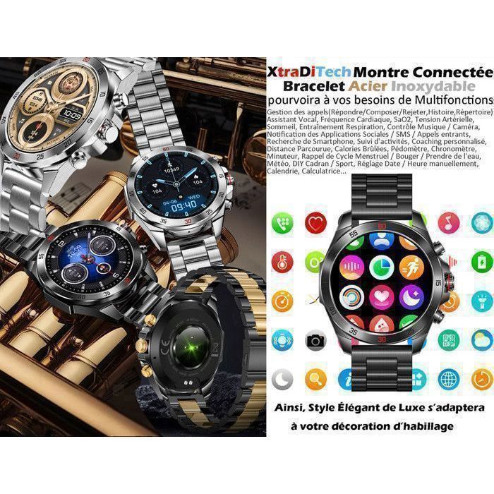 Smartwatch da uomo XtraDiTech, bracciale in acciaio inossidabile argento, schermo AMOLED da 1,43