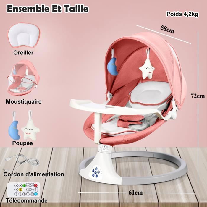 Columpio eléctrico 3 en 1 para bebé con control remoto, mesa de comedor, hamaca, 5 modos de balanceo, temporizador Bluetooth - Rosa