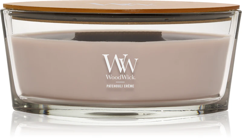 Woodwick Duftkerze „Opulent Wood Patchouli Creme“ mit Holzdocht