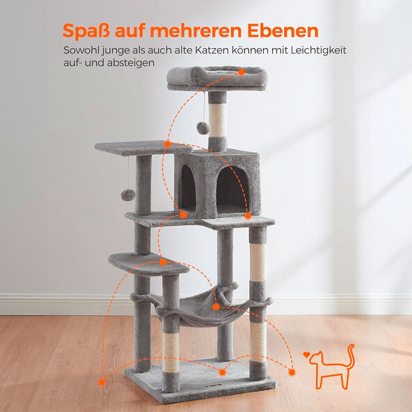 Kattenhuis van 143 cm, met 4 krabpalen, 2 platforms, hangmat en grot.