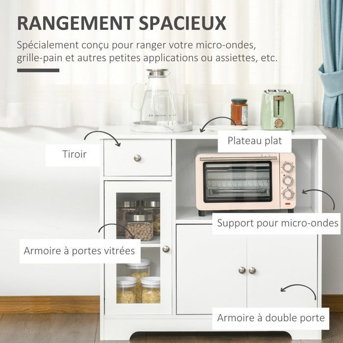 Meuble micro-ondes - HOMCOM - buffet cuisine armoire rangement verre trempé bois - bois - 90x40x82cm - blanc