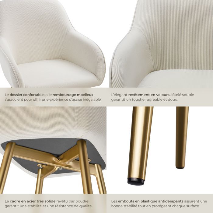 Chaise - TECTAKE - Fauteuil de salle à manger MARYLIN en velours côtelé avec pieds en acier noir - Crème/Doré