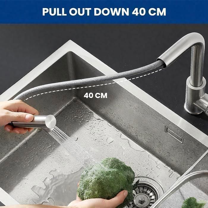 Torneira de cozinha em níquel escovado com pulverizador extensível, 2 modos de jato, rotação de 360°, disponível em água quente e fria.