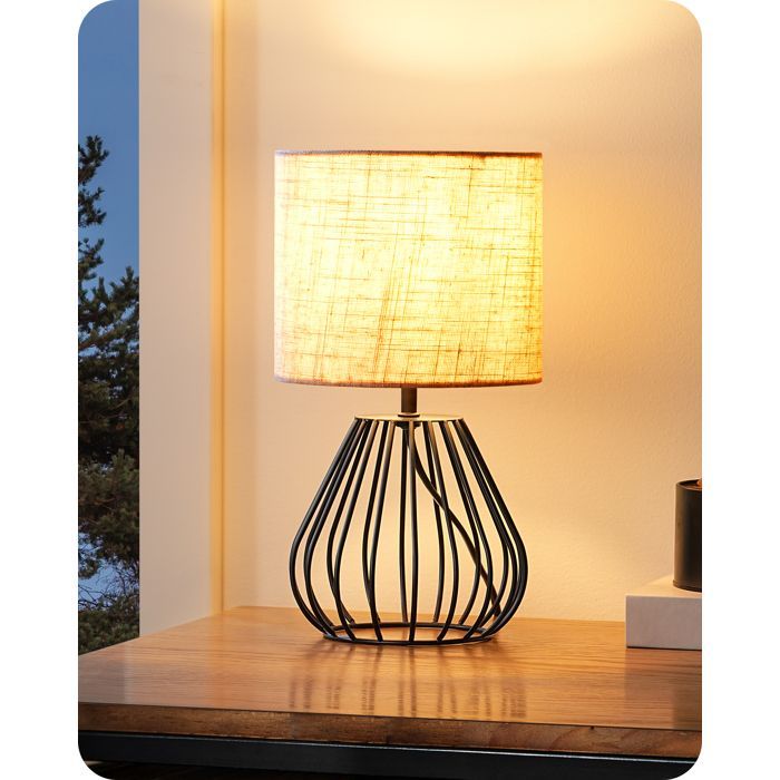 Lámpara de mesa EDISHINE, metal y lino beige, base en forma de lágrima, bombilla LED E14 incluida.