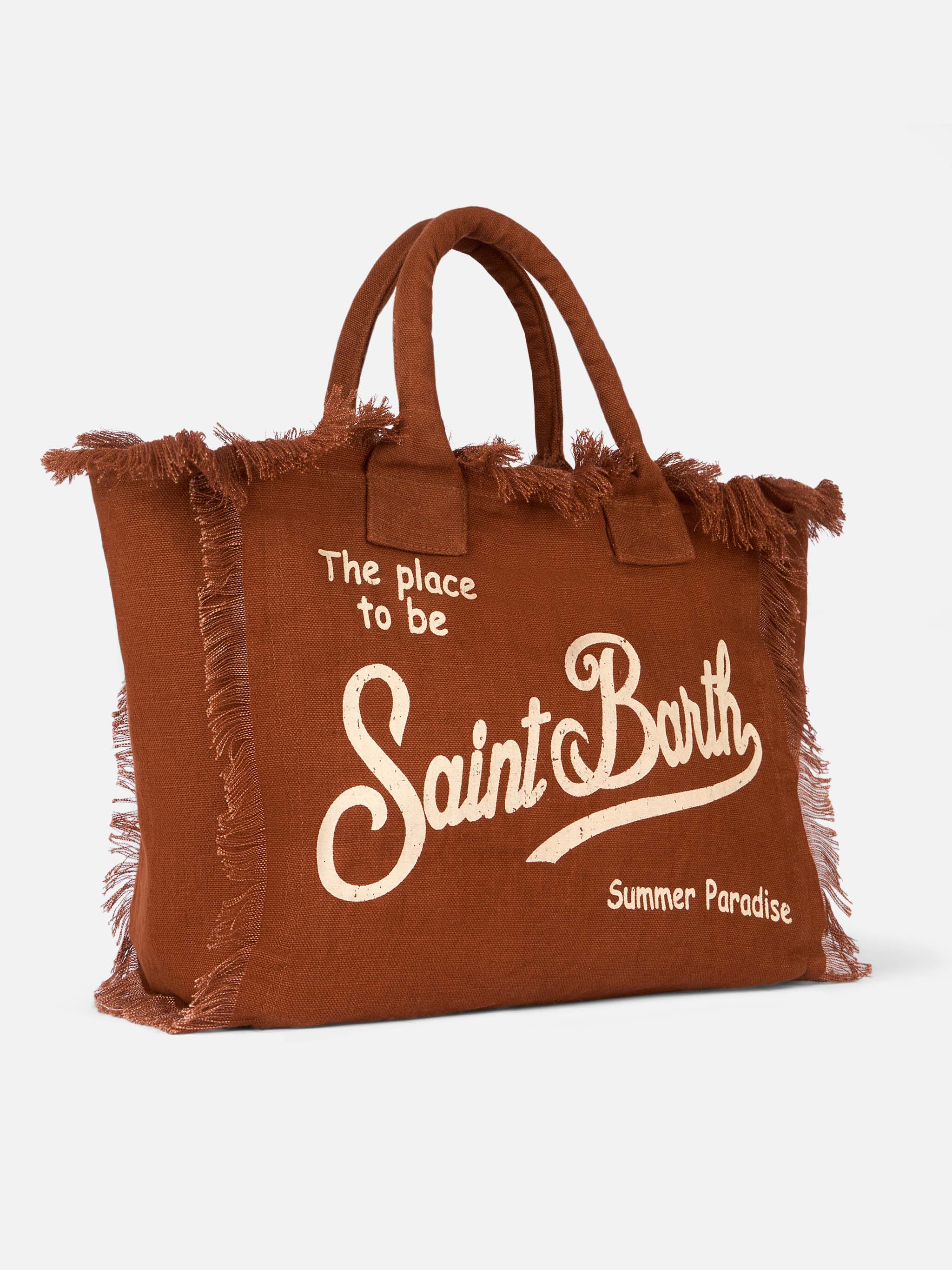 Bruine linnen draagtas van Vanity met Saint Barth-logo