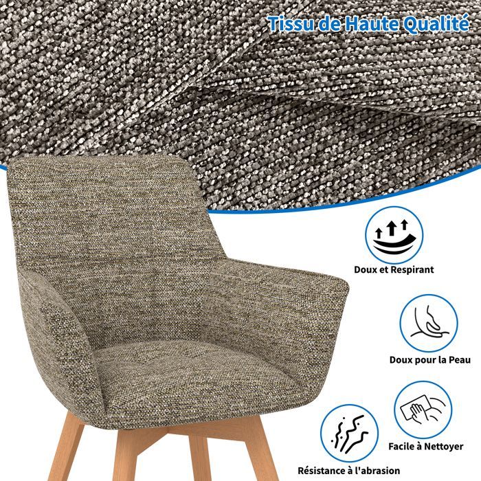 WAFTING Set of 4 Swivel Dining Chairs with Armrests, Upholstered Armchair with Cotton Backrest, Brown