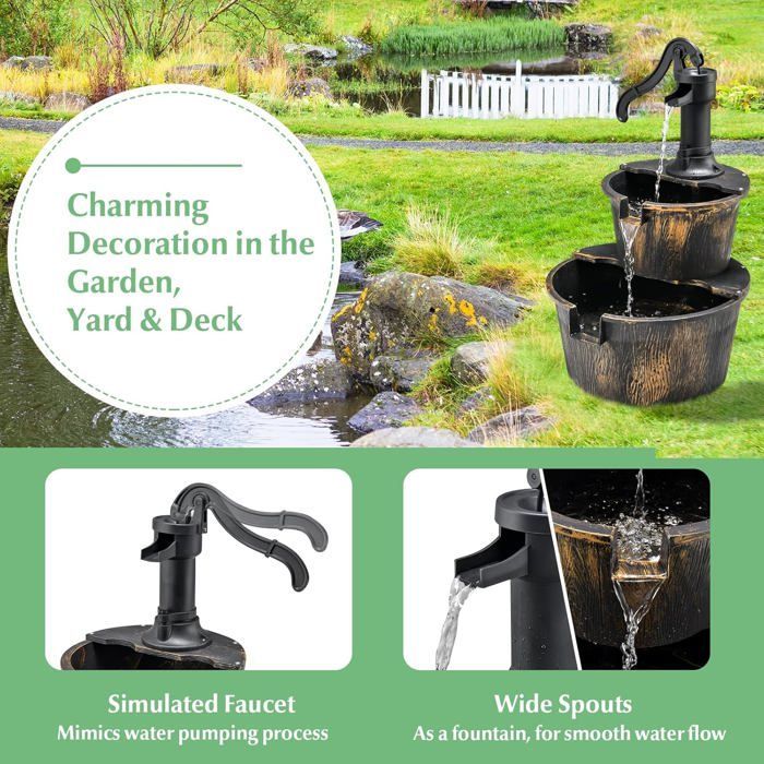 Fontana da giardino GIANTEX, fontana a cascata a botte per esterni, con pompa di circolazione, rubinetto decorativo e flusso d'acqua regolabile.