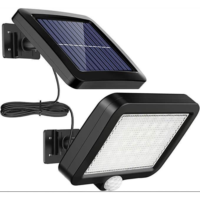 Luminária solar externa com 56 LEDs, sensor de movimento, classificação IP65 de resistência à água e ângulo de iluminação de 120°.