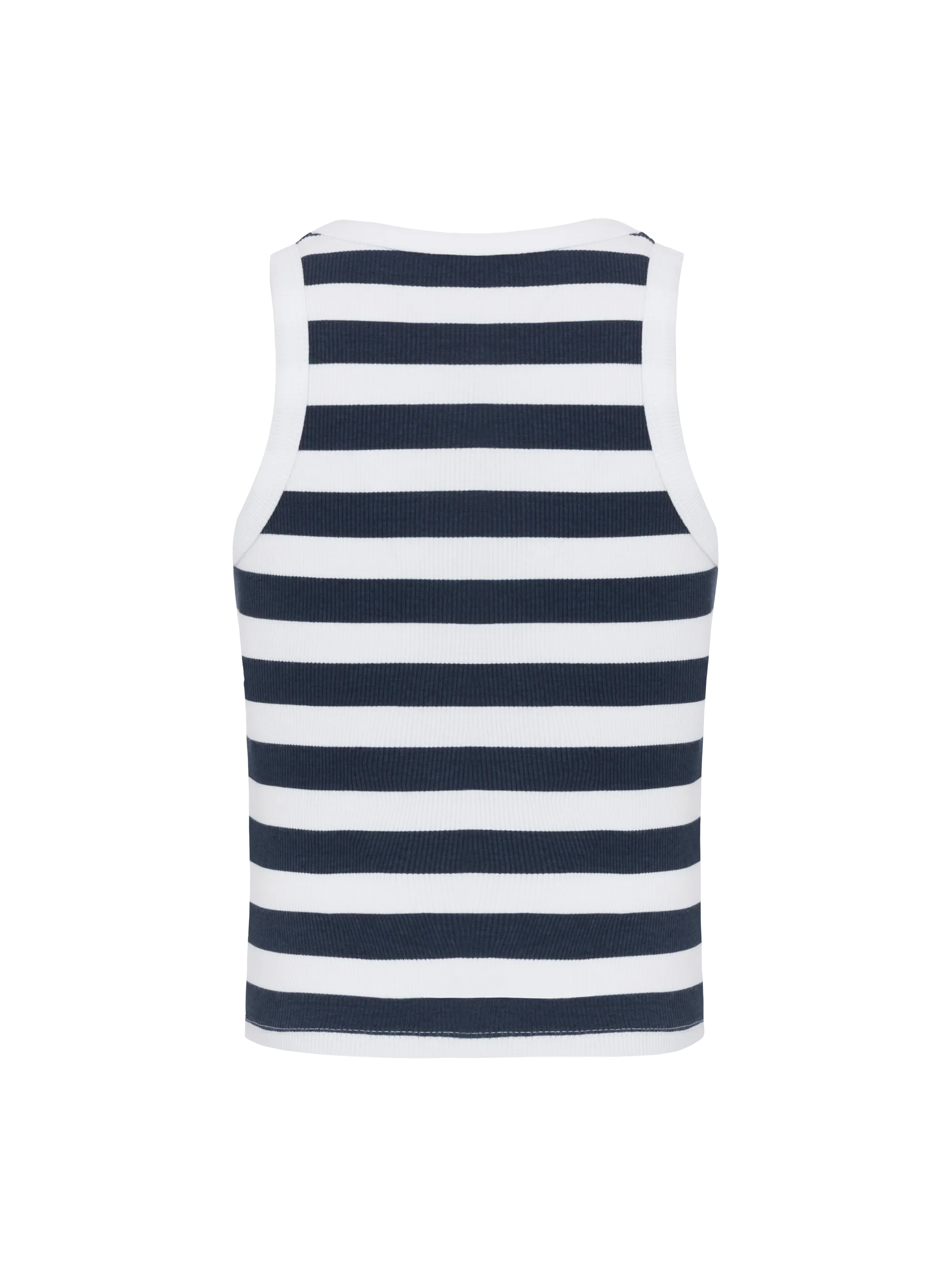 Top corto Blue Jr in maglia a coste a righe blu navy con ricamo