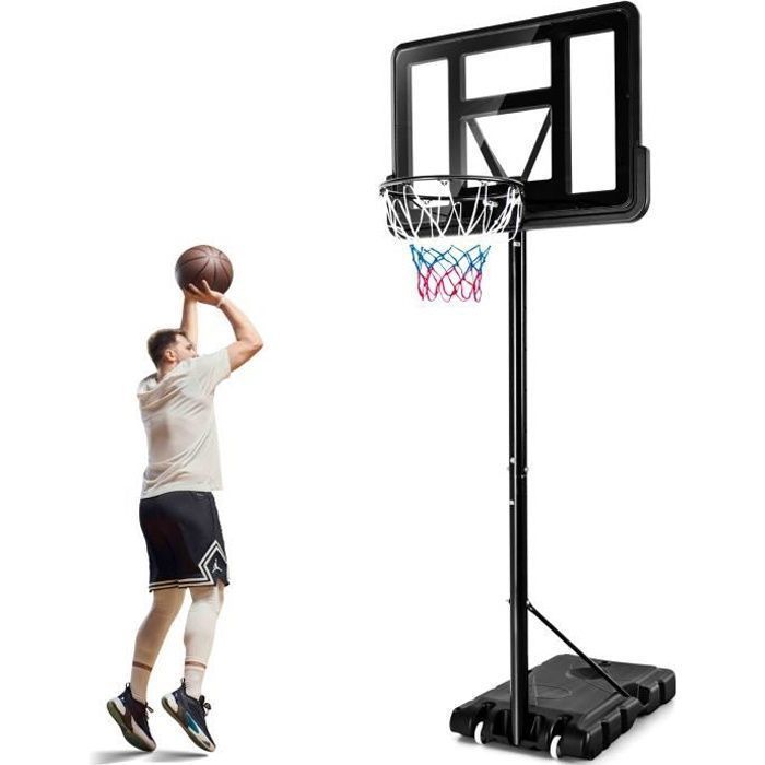 Aro de baloncesto independiente COSTWAY de 130-305 cm de altura ajustable con red de nailon, tablero irrompible, 2 ruedas y poste metálico.