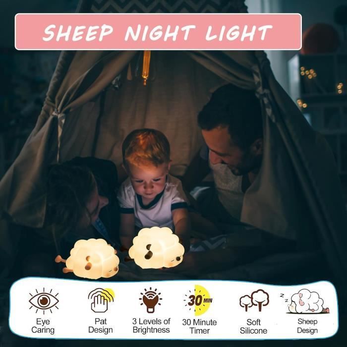 Lámpara de noche recargable para niños, lámpara de noche para bebés, lámpara de mesita de noche de silicona con forma de oveja y 3 niveles de luz, luz nocturna táctil.