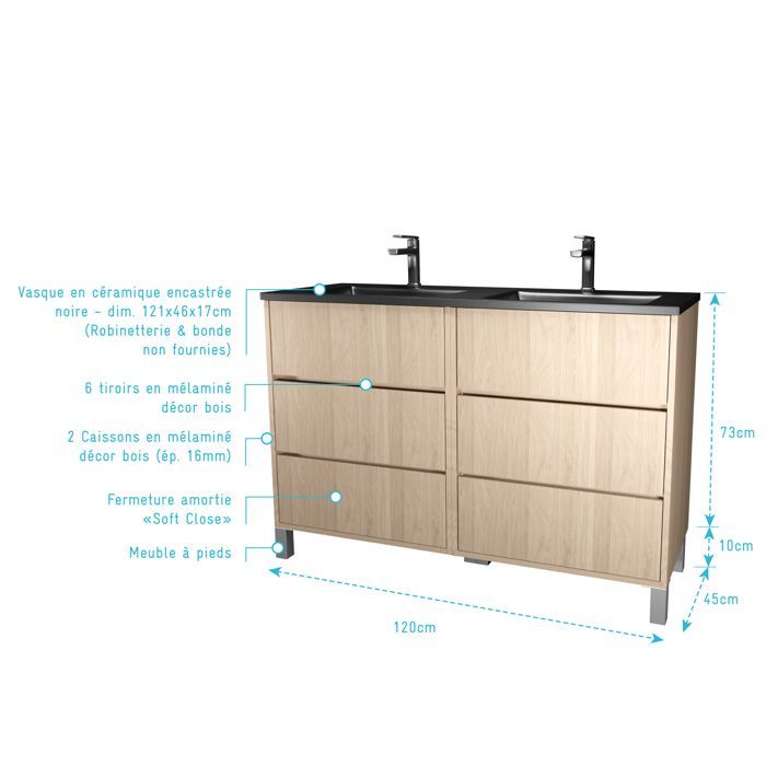 Meuble de salle de bains 120 cm 6 Tiroirs Chêne Clair + Vasque Double Céramique Noire - XENOS