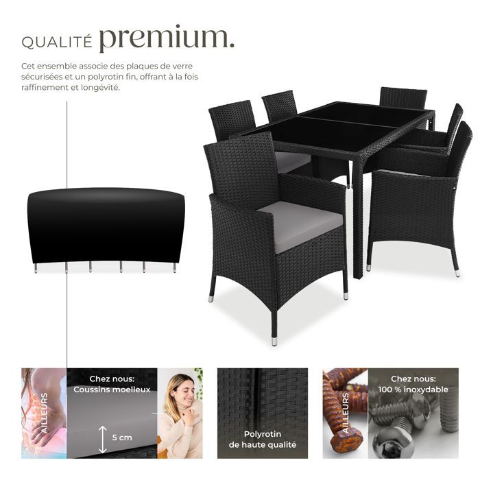 Salon de jardin - TECTAKE - Ensemble détente repas d'extérieur PORTO 6 personnes encastrable et résistant aux UVs - Noir/Gris