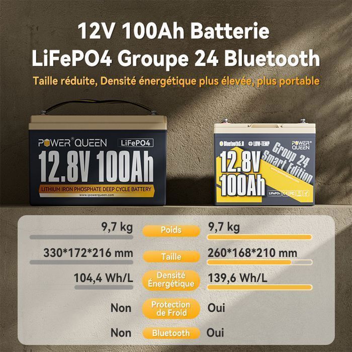 Power Queen 12V 100Ah LiFePO4 lithiumbatterij met Bluetooth, 100A BMS - 1280Wh - Groep 24 formaat - voor campers, off-grid gebruik