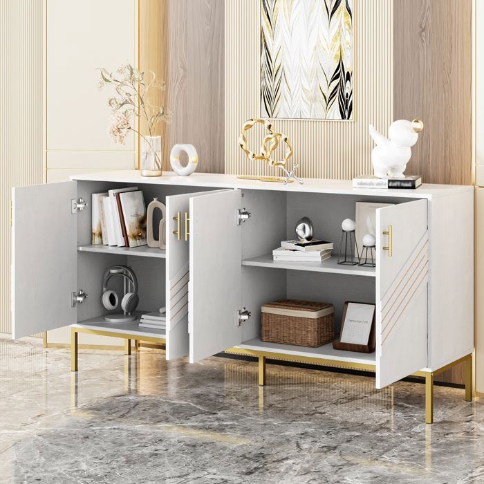 Modern 4-Door Sideboard - 160x40x80.5 cm - White MDF - Geometric Design - Flexible Storage