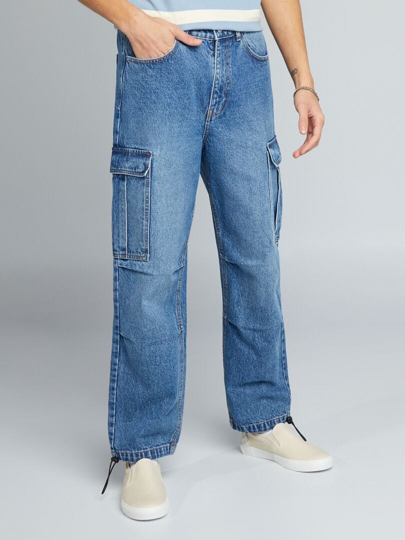 Calça jeans de pernas largas com vários bolsos - AZUL