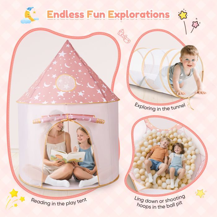 3-in-1 Children's Play Tent with Tunnel and Ball Pit, Pop-Up Castle Playhouse for Indoor and Outdoor Use