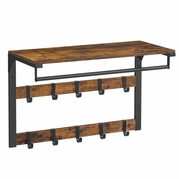 Loftowa Półka Ścienna z Wieszakami 65x30x42 cm Brązowo-Czarna Loft