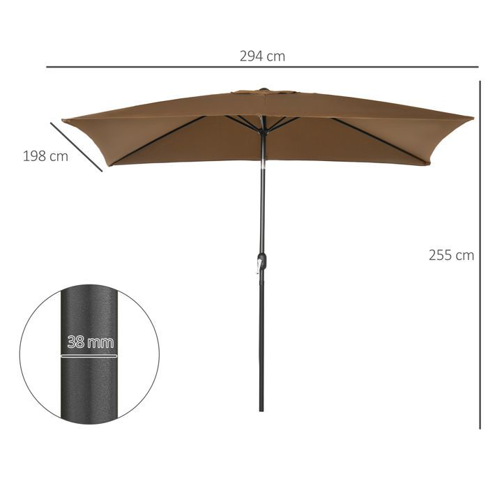 Sombrilla rectangular basculante - Outsunny - protección solar - tejido de poliéster de 180 g/m² - 2,94 m de largo x 1,98 m de ancho x 2,55 m de alto - marrón