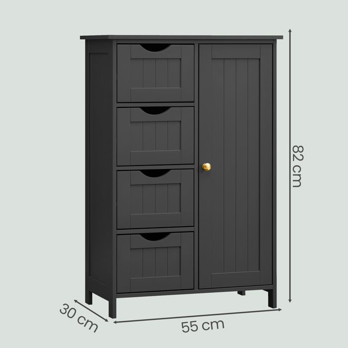Bathroom Storage Cabinet, Space Saving, Chest of Drawers, with 4 Drawers, Cabinet with Door, Adjustable Shelf, 30 x 55 x 82 cm, Black
