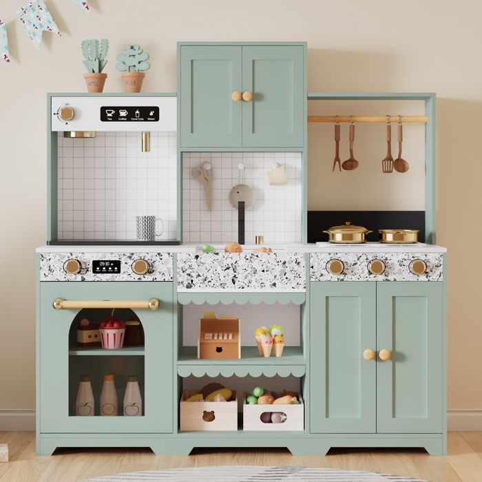 Cucina per bambini in legno - MODERNLUXE - 90x30x98 cm - Cucina completamente attrezzata - Età 3+ - Bianco e verde