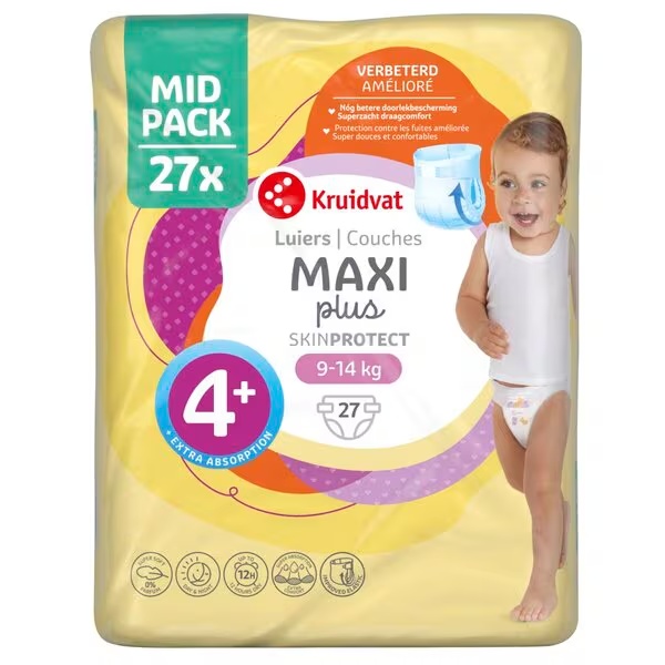 Plenice Kruidvat 4+ Maxi Plus, srednje pakiranje, velikost 4+ (9–15 kg), 27 kosov