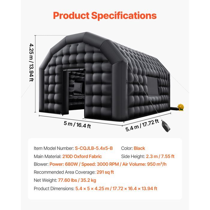 Carpa hinchable para fiestas VEVOR - 5,4 x 5 x 4,25 m - Carpa hinchable cúbica - Discoteca/Club - 2 ventanas