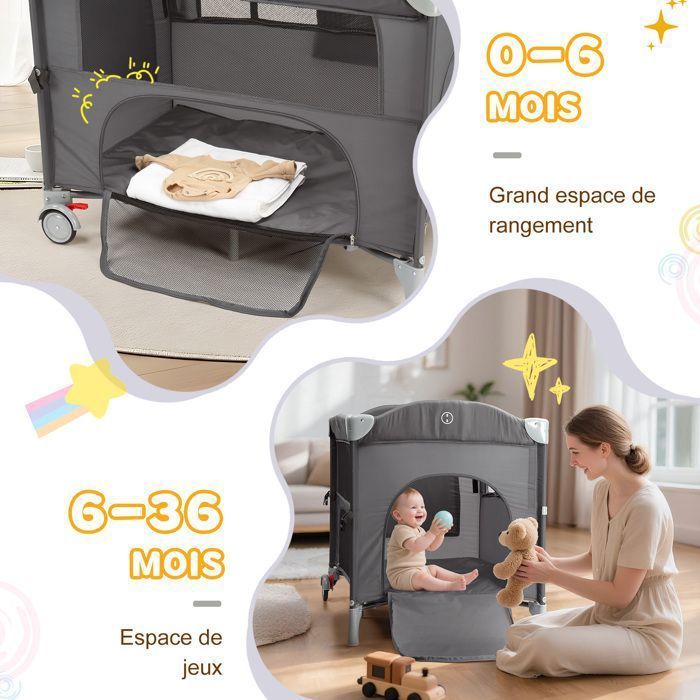 Lit Cododo - LALAHO - Lit Bébé Berceau Cododo pour Bébé avec Matelas, Berceau multifonctionnel pour bébé, 0-36 Mois - Gris