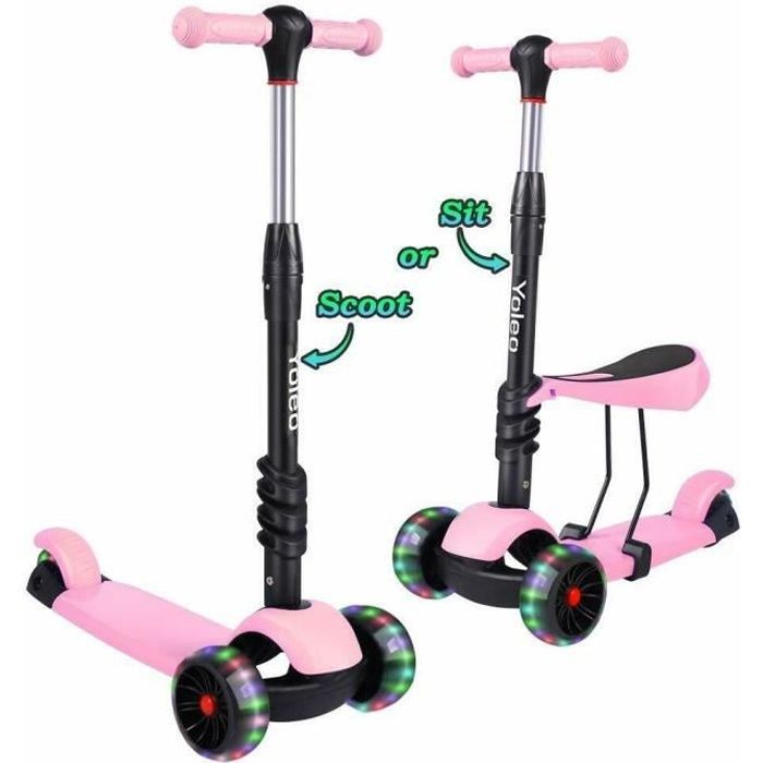 Monopattino a 3 ruote YOLEO per bambini con sedile regolabile e ruote a LED - Rosa